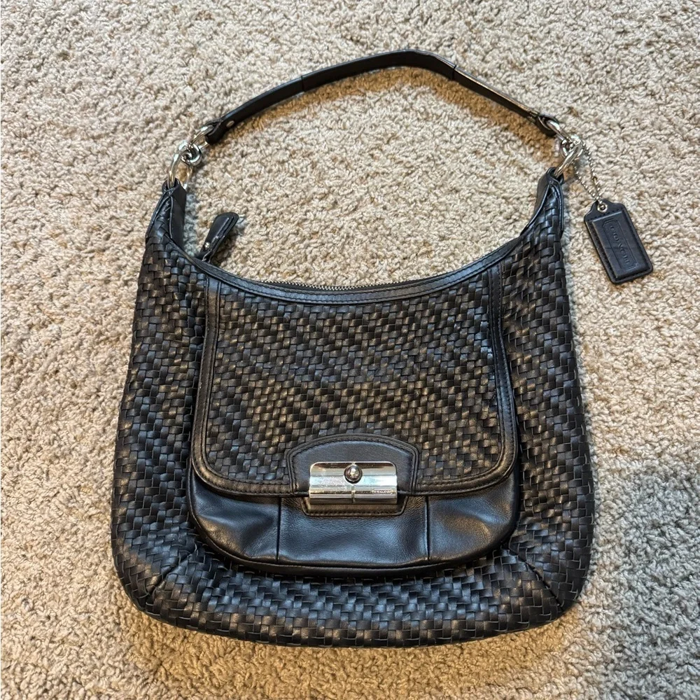 Coach Kristin Black Woven Leather Shoulder Bag | Very Good Condition